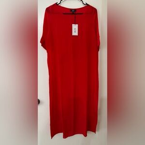 Women Red Silk Relaxed Fit Short Sleeve Maxi Dress Size Small Lagen look  Resort